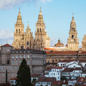 Scenic view of Santiago de Compostela Cathedral, a historic and religious landmark in Spain.