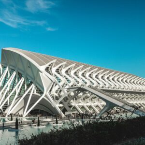 Architectural marvel of Valencia, the Science Museum under a clear blue sky.